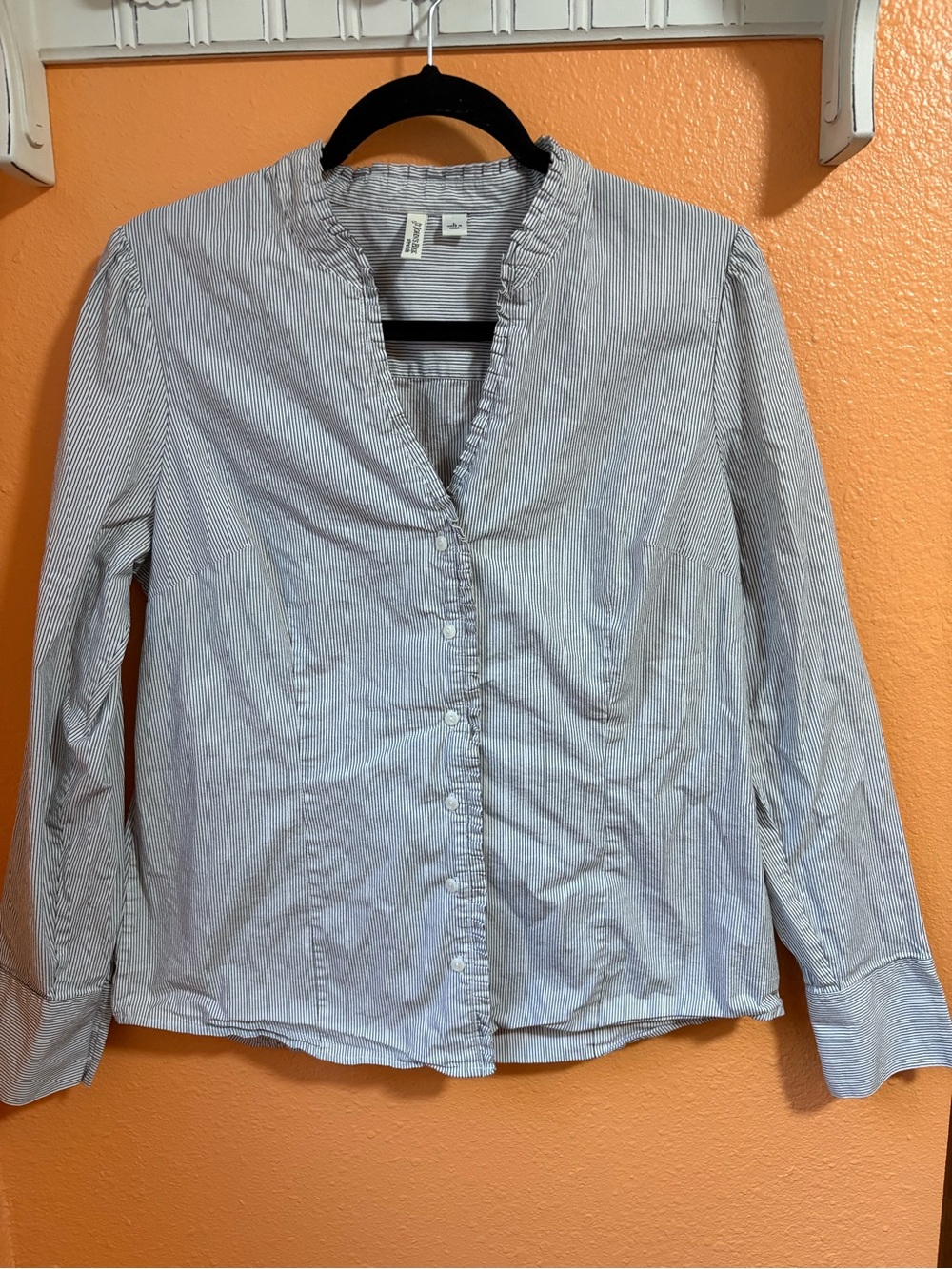 St. John's Bay White and Blue Pinstripe Shirt with ruffle collar